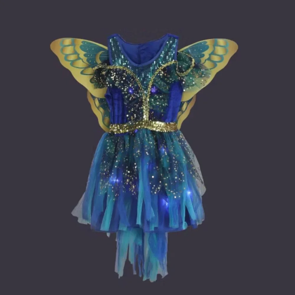 Moonlight Fairy Light Up Halloween Costume 8 Blue Gold Dress Wings Girls Kids